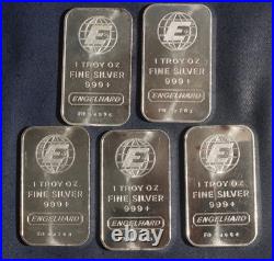 FIVE (5) Engelhard 1 oz. 999+ Fine Silver Bar Ingots Lot 280842