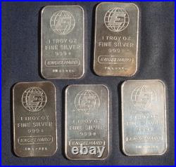 FIVE (5) Engelhard 1 oz. 999+ Fine Silver Bar Ingots Lot 280845