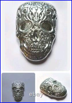 Fine. 999 Zinc &. 999 Silver Bullion Art Bars. Poured Skull & Alien Skull