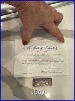 Fine Silver Poured. 999+ Bar Boatmen's National Bank 2 Troy Ounces COA 1970