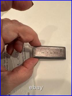 Fine Silver Poured. 999+ Bar Boatmen's National Bank 2 Troy Ounces COA 1970