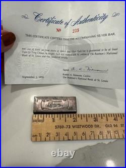 Fine Silver Poured. 999+ Bar Boatmen's National Bank 2 Troy Ounces COA 1970