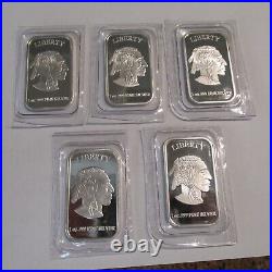 Five 1 oz. 999 Fine Silver Indian Head Buffalo Bullion Bars