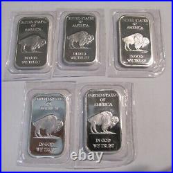 Five 1 oz. 999 Fine Silver Indian Head Buffalo Bullion Bars
