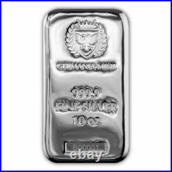 Germania Mint 10 Oz Cast. 9999 Fine Silver Bar Original Packaging From Mint