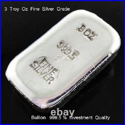 Hand Poured 3 Oz 999.5 Fine Grade Silver Bullion Investor Quality Ingot Bar