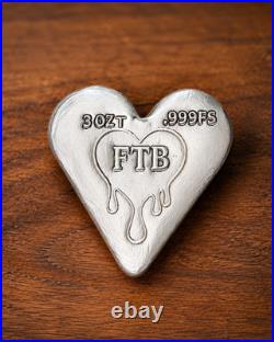 Hand Poured Silver Heart Bar 3 oz. 999 Fine Silver FTB COA
