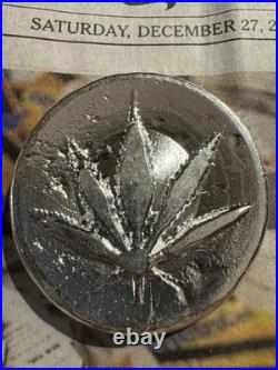 Hand poured 2.8 oz Fine Silver Cannabis Leaf Fine 0.999
