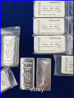 Heraeus 10 Troy Oz Silver Bar withCOA 999+ Fine Silver