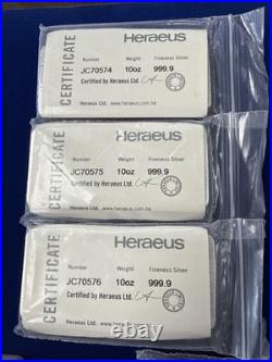 Heraeus 10 Troy Oz Silver Bar withCOA 999+ Fine Silver