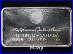 Jacques Cartier Mint 1 Ounce Silver Bar Toronto Canada. 9995 Fine STOCK