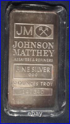Johnson Matthey 10 oz. 999 Fine Silver Bar S/N=147340 BLANK BACK LOT 280139