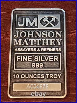 Johnson Matthey Silver 10oz Bar Serialized. 999 Fine Bullion