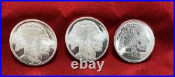 Lot of 3 1 Troy oz Indian Head/Buffalo. 999 Fine Silver Rounds