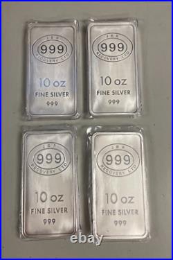 Lot of 4 Silver 10 oz JBR Bullion Bar of. 999 Fine Silver bars