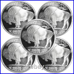Lot of 5 1 Troy oz Buffalo. 999 Fine Silver Round