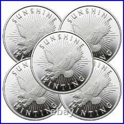 Lot of 5 1 Troy oz Sunshine Minting. 999 Fine Silver Round Mint Mark SI