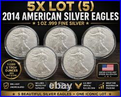 Lot of 5 2014 American Silver Eagles BU 1 Troy oz. 999 Fine Silver with Capsules