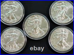 Lot of 5 2014 American Silver Eagles BU 1 Troy oz. 999 Fine Silver with Capsules