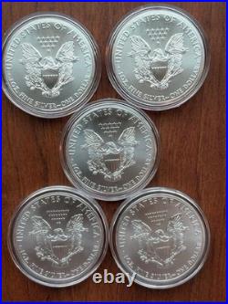 Lot of 5 2014 American Silver Eagles BU 1 Troy oz. 999 Fine Silver with Capsules