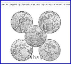 Lot of 5 Legendary Warriors Series Set 1 Troy oz. 999 Fine Silver Rounds