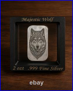 Majestic Wolf Silver Art Bar 2 ozt AVG. 999 Fine Silver