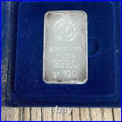 Mario Villa Milano 100 Gram. 999 Fine Silver Bar With Original Box & COA