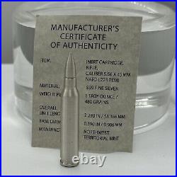 NWTM 1 Troy Oz. 999 Fine Silver Bullet Bar. 223 REM NATO with COA! RARE