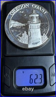 OREGON COAST/COVERED WAGON, 2oz. 999 FINE SILVER ART ROUND, NICE