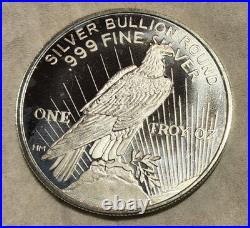 PEACE-STYLE FULL TUBE OF (20) 1 TROY oz. 999 FINE SILVER BULLION ROUND COINS BU