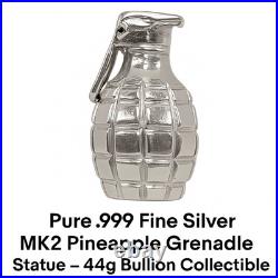 Pure. 999 Fine Silver MK2 Pineapple Grenade Statue 44g Bullion Collectible