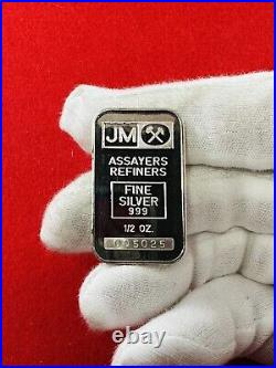 Rare Vintage Johnson Matthey Blank Back 1/2 oz 999 Fine Silver Bar