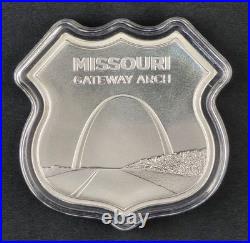Route 66 Missouri Gateway Arch Shield 1 Troy Ounce. 999 Fine Silver