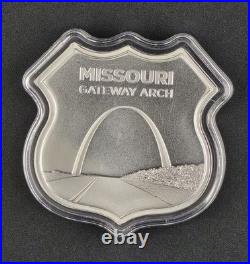 Route 66 Missouri Gateway Arch Shield 1 Troy Ounce. 999 Fine Silver