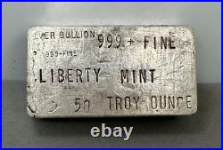 SCARCE Liberty Mint Vintage 50oz 999+ Fine Silver Bar Ingot Silver Bullion