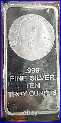 Sealed Indian Head Buffalo Nickle Bullion Art Bar. 999 FINE SILVER 10 Troy Ounce