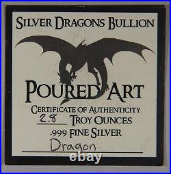 Silver Dragons Bullion Poured 3D Art 2.8 Troy Ounces. 999 Fine Silver Dragon