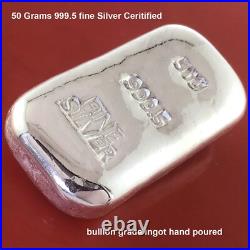 Silver Ingot 50 Grams 999.5 Fine Certified Bullion Grade Bar Hand Poured