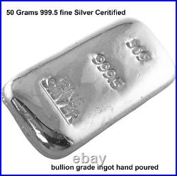Silver Ingot 50 Grams 999.5 Fine Certified Bullion Grade Bar Hand Poured