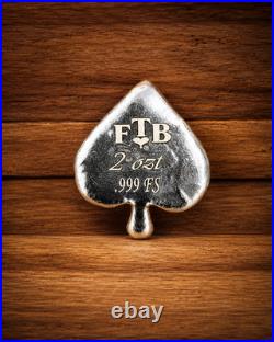 Spade Card Suit 2 oz. 999 Fine Silver Bar Hand Poured FTB COA