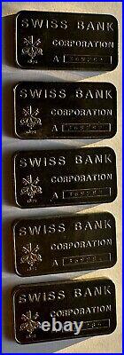 Swiss Bank Corporation 1 oz. 999 Fine Silver Vtg Bar with COA Lot of 5 Consecutive