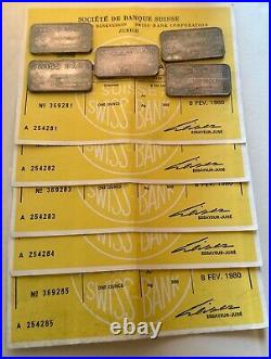 Swiss Bank Corporation 1 oz. 999 Fine Silver Vtg Bar with COA Lot of 5 Consecutive