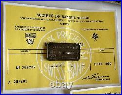 Swiss Bank Corporation 1 oz. 999 Fine Silver Vtg Bar with COA Lot of 5 Consecutive