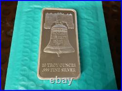 Ten (10) Troy Ounces. 999 Fine Silver Bar Liberty Bell New