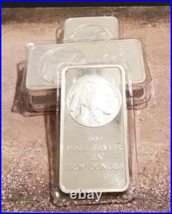 Ten Troy Ounces. 999 Fine Silver Indian Head and Buffalo Bar New & Sealed