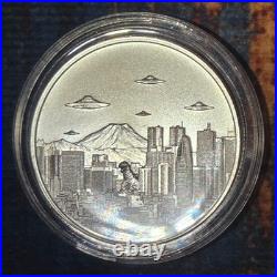 UFOS OVER TOKYO Godzilla 1 oz 999 Fine Silver Bullion NEW Capsule Intaglio Mint