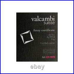 Valcambi 1 Kilo 32.15 troy oz Silver Cast Bar. 999 Fine Assay Card