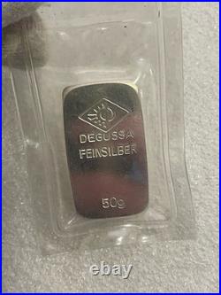 Very Rare! Degussa 50 Gram. 999 Fine Silver Bar Sealed In Original Plastic