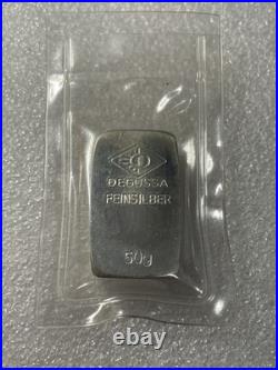 Very Rare! Degussa 50 Gram. 999 Fine Silver Bar Sealed In Original Plastic