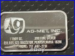 Very Rare Engelhard AG-MET, INC 1 Troy Oz 999 Fine Silver Bar 1975 1,000 Minted